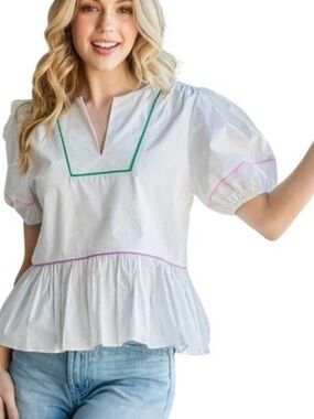 NWT Cotton Bleu Cotton Poplin Bubble Sleeve Top White With Colorful Accent XL